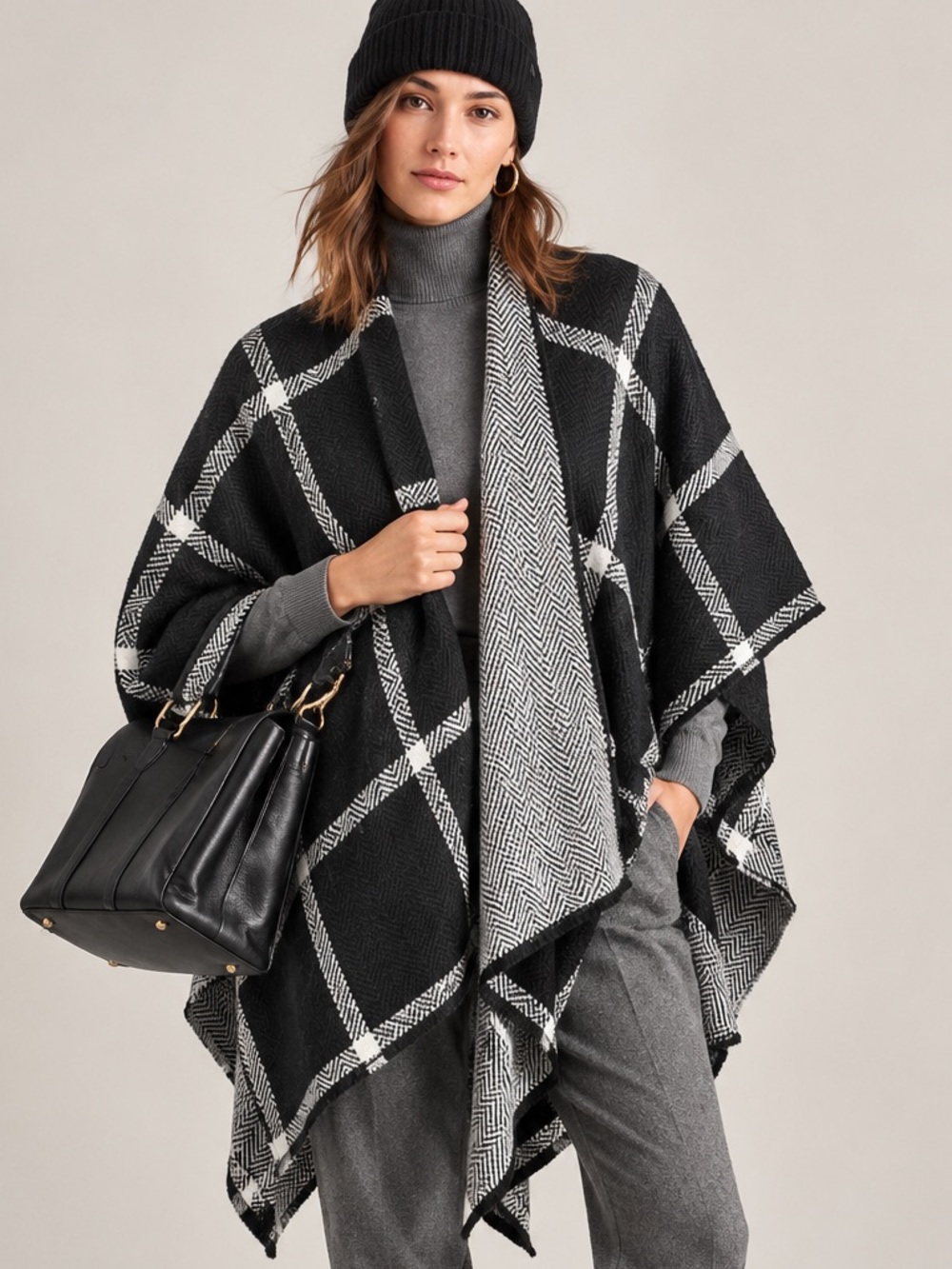NWT - Lauren Ralph Lauren Reversible Plaid /Herringbone Ruana in Ivory & Black